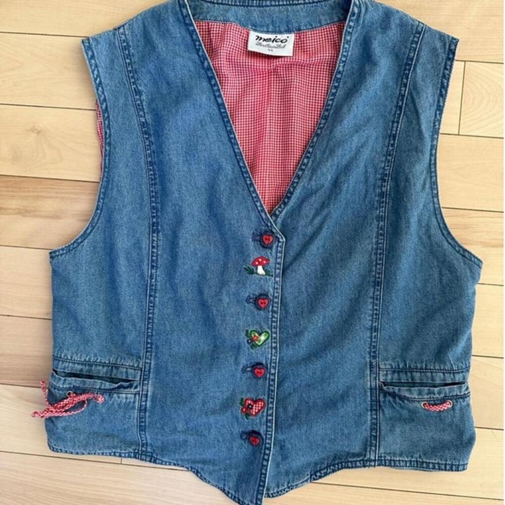 Vintage Meico Denim Vest – Cottagecore Mushroom Embroidery, Gingham Lining - Picture 8 of 8
